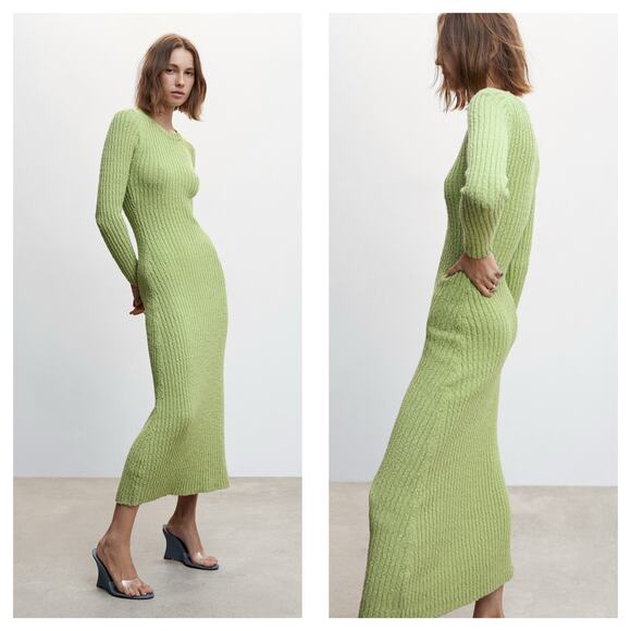 Mango Pistachio Knit Ribbed Long Sleeve Midi Dress Size Large Stretch Vacation - Picture 8 of 13